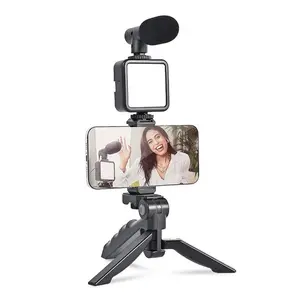 手机DSLR相机视频记录套件，带三脚架猎枪麦克风360发光二极管自拍灯，用于直播短片