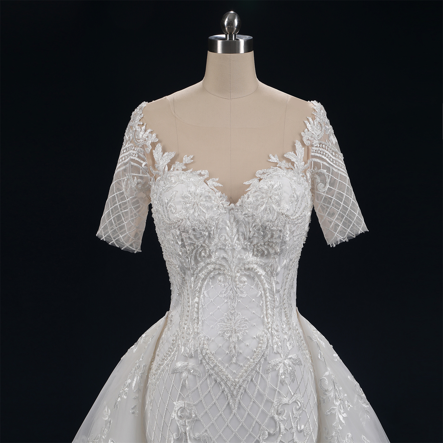 chinese dress ladies Mermaid Wedding Dress with Lace Short Sleeves, Buttons Back, and V-Nec   Wedcharm