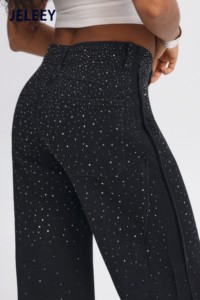 JELEEEY Pantaloni in denim da donna a vita alta e gamba larga con motivo a pois con paillettes, vestibilità ampia, lunghezza intera, jeans casual estivi - Product Image 5