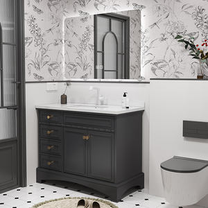 Tocador de baño de roble todo en uno con tablero de <span class=keywords><strong>roca</strong></span> <span class=keywords><strong>Retro</strong></span> francés, <span class=keywords><strong>lavabo</strong></span> de piso a piso de MDF de cerámica moderna, combinación de inodoro - Product Image 3