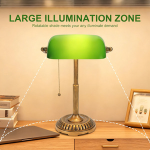 Green Glass Desk <b>Lamp</b> Brass Base Traditional Style Pull Chain Switch <b>Office</b> Library Decor Lighting - Product Image 4