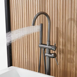 Grifo de Bañera y <span class=keywords><strong>Ducha</strong></span> Independiente de Latón Plateado Gris, Montado en el Suelo, Moderno, con Efecto Lluvia, Juego de Baño de Cerámica para Apartamento u Hotel - Product Image 4