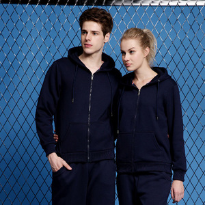 Navy Blue Fleece Lined Hooded <b>Zip</b>-<b>Up</b> Sweatshirt Workwear Cotton Thickened Winter Wear Custom Logo Print - Product Image 1