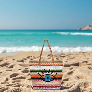 Summer Colorful Striped <b>Beach</b> <b>Bag</b> <b>Large</b> Capacity Evil Eyes Tote <b>Bag</b> Outdoor Travel Blue Eyes Straw <b>Bags</b> Customized - Product Image 5
