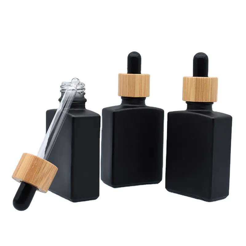 empty 30 ml black frosted rectangular 30ml matte black rectangle square glass dropper essential oil bottle with bamboo cap