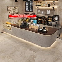 Meja Bar Kombinasi Kayu dan Batu Bergaya Rustic Modern dengan Lampu LED Ambient untuk Konter Resepsionis Kedai Kopi, Kue, Roti, dan Bakery