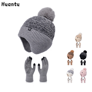 Ensemble bonnet et gants d'hiver en peluche avec pompon, <span class=keywords><strong>cache</strong></span>-<span class=keywords><strong>oreilles</strong></span>, <span class=keywords><strong>bandeau</strong></span>, bonnet tricoté rembourré, gants tactiles <span class=keywords><strong>pour</strong></span> femme - Product Image 1