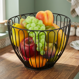 Panier à fruits rond en métal, conteneur de rangement en fer, support alimentaire minimaliste pour cuisine, conception soudée durable, type sur pied à un seul niveau - Product Image 1