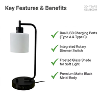Lampe de bureau noire moderne avec alimentation secteur, base E26, double ports USB, abat-jour en verre dépoli, intensité réglable pour chambre d'hôtel et table de chevet