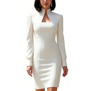 Robe moulante à col montant et découpes pour femme - Robe de soirée mini à manches longues tendance - Product Image 1