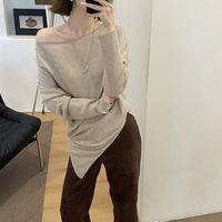 Pull en tricot style français pour femme, manches chauve-souris, col licou, fente asymétrique, mélange de laine amincissant, collection automne