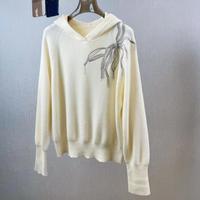 Pull en tricot à capuche à manches longues pour femme avec broderie de chaîne de perles, un pull en laine tricoté ample et tendance