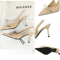 7317-A5 Sandales tendance à talons hauts, bout pointu, bride arrière, nœud papillon, talons aiguilles, pour femmes, chaussures de bureau et de travail, chaussures habillées à talons hauts