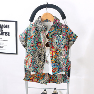 Ensemble à manches courtes pour enfants, chemise et <span class=keywords><strong>short</strong></span> pour garçons, ensemble deux pièces, printemps été, nouveau style coréen, fibre de polyester, floral - Product Image 1