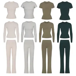 2024 Vrouwen Kleding Custom Logo Katoen Geribbeld Of Viscose Polyester Basis T-Shirts Leggings Tweedelige Loungewear Vrouwen Sets
