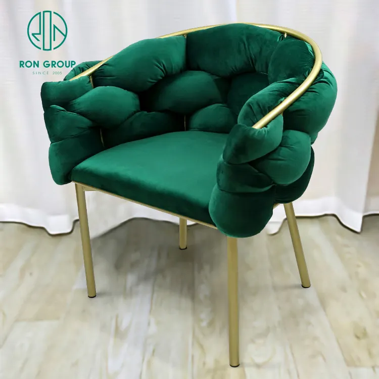 Nordic Luxe Huis Meubelen Stof Groen Fluweel Goud Roestvrij Staal Been Lounge Luie Sofa Foam Stoel Make-Up Eetkamerstoelen