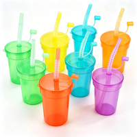 Gobelets de fête en plastique PP néon de 380 ml avec couvercle et paille spirale flexible pliable, empilables et réutilisables pour la plage et les fêtes