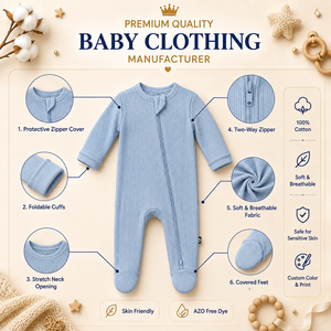 Combinaison Bébé Confortable à Prix d'Usine avec Fermeture Éclair Bidirectionnelle et Pieds Intégrés, Couleur Unie, Personnalisable - Product Image 5