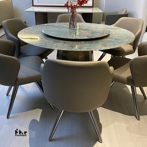 Ensemble de table à manger rectangulaire moderne avec plateau en marbre, chaises en cuir PU beige, pieds en métal noir pour restaurant, hôtel - Product Image 2