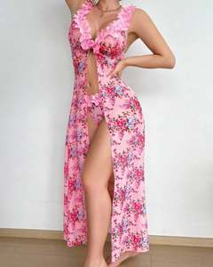 Kadın pembe dantel nakış erotik gecelikler seksi bölünmüş See-Through kaşkorse elbise düşük katlı tanga iki parçalı Set bel logosu - Product Image 5