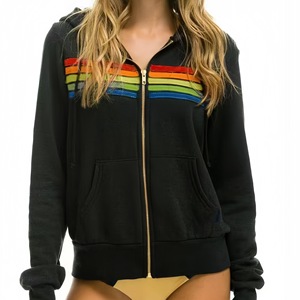 <strong>Women's</strong> Casual Autumn <strong>Fleece</strong>-Lined Hooded Full-Zip Sweatshirt Colorful Striped Accents Loose Relaxed Fit Soft Warm <strong>Fleece</strong> - Product Image 3