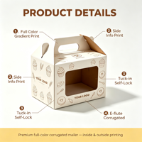 Boîte en carton ondulé écologique et recyclable, boîte imprimée avec poignée, carton de boulangerie pour l'emballage de gâteaux, pâtisseries et desserts