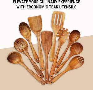Offre Spéciale : Ensemble de 9 Ustensiles de Cuisine Antiadhésifs en Bois d'Acacia et Teck – Cuillères et Spatules de Haute Qualité – Stock Disponible - Product Image 4