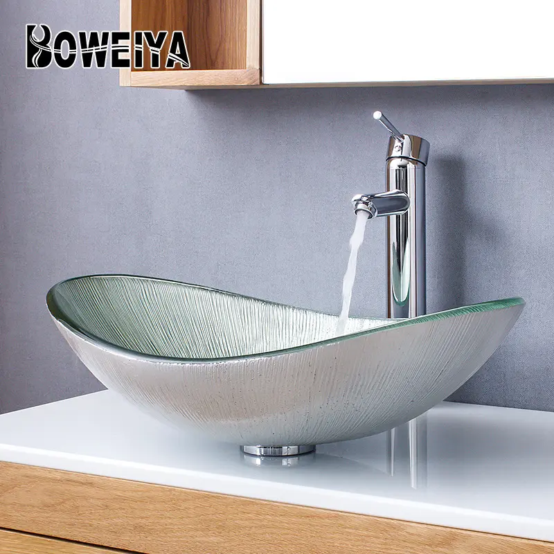 Wit Celadon Hand Geschilderd Kleine Ovale Vanity Aanrecht Badkamer Wastafel Glazen Badkamer Wastafel Modern Design