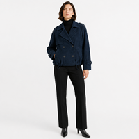 Chaqueta de mujer de gamuza genuina azul marino, con un solo botón, informal, corta, cortavientos, con forro de poliéster, epaulettes y dobladillo con cordón.