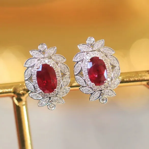 18K 1K 9K gold diamond earrings suitable for feminine temperament  high-end handmade and laboratory cultivated ruby earrings