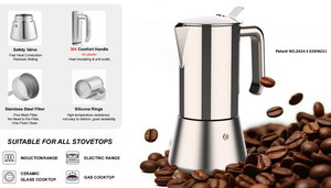 หม้อต้มกาแฟมอคค่าพ็อตสแตนเลสสตีลหรูหราสไตล์อิตาลี ยี่ห้อ Emode พร้อมด้ามจับเหล็ก ใช้ได้กับเตาแม่เหล็กไฟฟ้าและเตาแก๊สแบบพกพา เครื่องทำกาแฟเอสเพรสโซแบบใช้มือ - Product Image 3