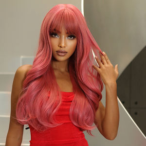 Precio al por mayor de fábrica, pelucas rojas y rosas, pelos ondulados sintéticos de Cosplay naturales largos con <span class=keywords><strong>flequillo</strong></span>, peluca falsa ondulada resistente al calor - Product Image 4