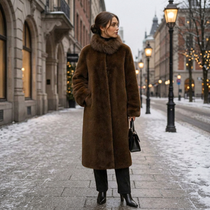 Manteau long en fausse fourrure de vison pour femme, couleur unie, épais et chaud, vêtement d'extérieur d'hiver, manches longues, style élégant avec col en fourrure - Product Image 4