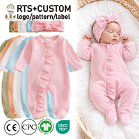 Guai Combinaison Bébé Fille Nouveau-né en Maille Gaufrée Douce et Mignonne, Couleur Unie, à Volants et Fermeture Éclair, avec Bandeau à Nœud