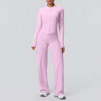 Set Yoga Wanita FH Custom Logo Cloud Soft, Celana Panjang High Waist Wide Leg, Jaket Zip Up, Cepat Kering, Pakaian Olahraga Athleisure
