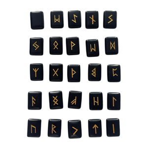 Ensemble de pierres runiques en obsidienne noire naturelle gravées avec des symboles de l'alphabet viking nordique - Product Image 3