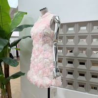 Vente en gros de vêtements de boutique : Nouvelle robe d'été sans manches coupe trapèze, rose à motifs floraux, col montant et bordure à volants noirs