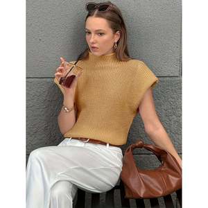 Drop Shoulder Ribbed <b>Mock</b> <b>Neck</b> Knit Vest Beige S Women's <b>Top</b> - Product Image 5