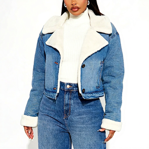 Women's <b>Cropped</b> Sherpa <b>Denim</b> <b>Jacket</b> Faux Fur Lined Winter Jean <b>Jacket</b> Custom OEM ODM Premium Casual Streetwear Outerwear - Product Image 1