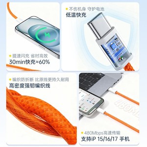 Cable de Datos Trenzado C-C Naranja de 1M con Carga Rápida para iPhone 15 16 17, Admite Transferencia de 480Mbps - Product Image 1