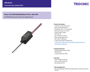 Tridonics 28002247 Hasta 81,5% eficiencia 500MA 0-10V IP67 12W Fuente de alimentación de luz LED - Product Image 2