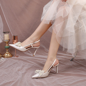 Detachable Wedding Shoes Zapatos Mujer Saltos Bow Lace up Strappy Ankle Pearl <b>Strap</b> <b>White</b> Wedding <b>Heels</b> for Bride - Product Image 6