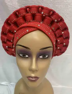 아프리카 aso ebi gele의 aso oke headtie 와 비즈 FFS371 나이지리아 gele은 이미 자동 hele 터번 모자를 만들었습니다.