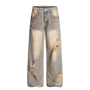 Nouveau Jean Droit en Denim pour Homme ZY, Style Rétro Hip Hop, Logo Personnalisé, Coton Tissé, Délavé Moyen, Design Usé et <span class=keywords><strong>Troué</strong></span> - Product Image 1