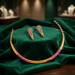 Ensemble collier et boucles d'oreilles classiques plaqués or, imitation perles Kundan, incrustations de zircon rose et vert, design géométrique pour femme, mariage - Product Image 2