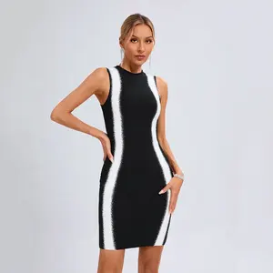 BA429ブラックホワイトストライプ包帯ドレス女性2024夏新しいセクシーなOネックノースリーブパーティーエレガントなドレスファッションボディコン衣装