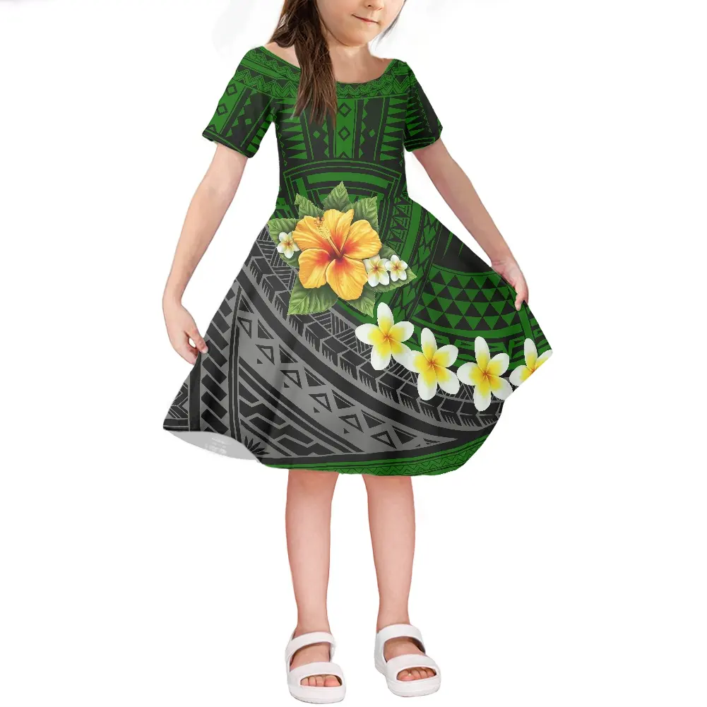 Wholesale Custom Casual Kids Dress For Girls Hibiscus Flower Printed Girl Wedding Dress Green Polynesian Tribal Girls' dresses