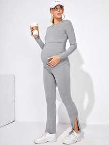 Vêtements de maternité personnalisés : Haut d'allaitement froncé sur le côté et leggings à fente latérale, pyjamas d'allaitement pour femmes enceintes - Product Image 6