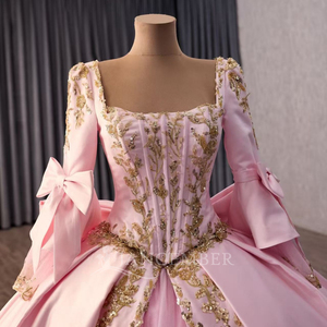 251157 Robe de bal de Quinceañera rose princesse, longueur ras du sol, avec nœud surdimensionné, perles, dentelle, taille naturelle et traîne chapelle - Product Image 5