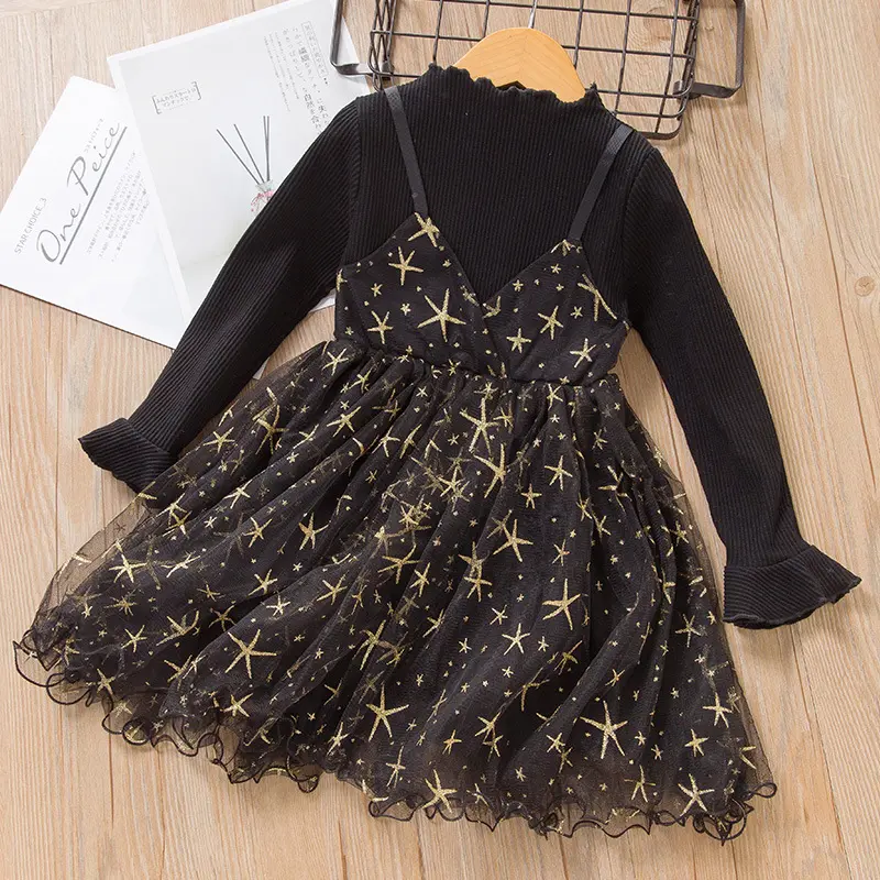 Осень 2019, детский черный свитер с длинным рукавом, сетчатые платья с вышивкой и принтом звезд для девочек